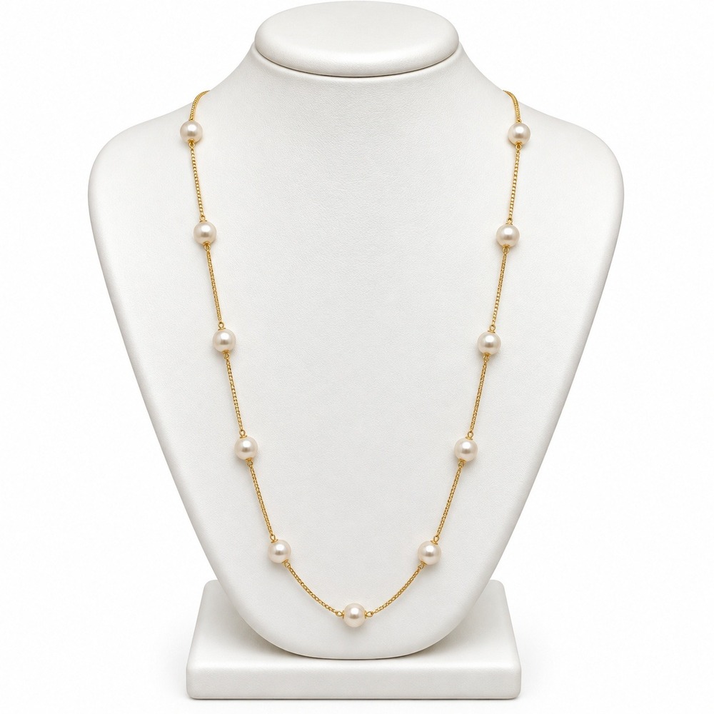 Gold Tone Faux Pearl Station Necklace Cream Simulated Pearls 30in Long Chain